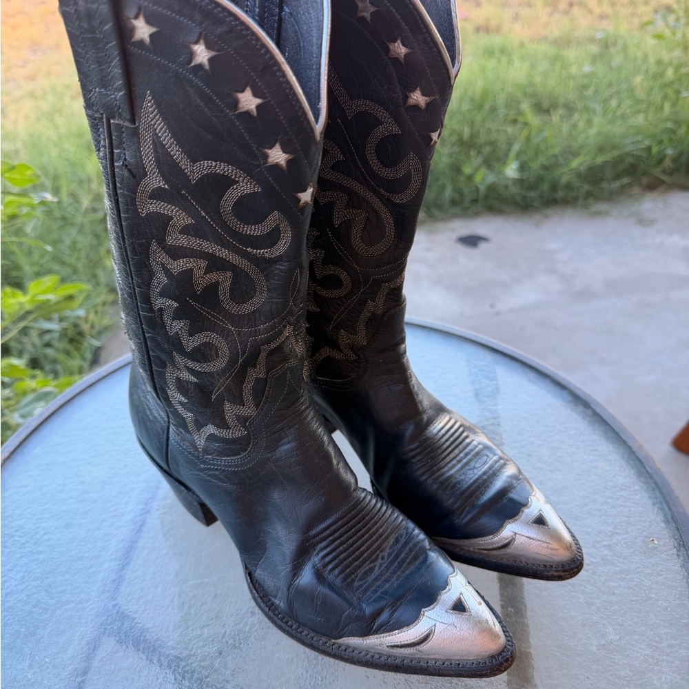 Panhandle Slim Black Leather Western Boots with Silver Toe Accent